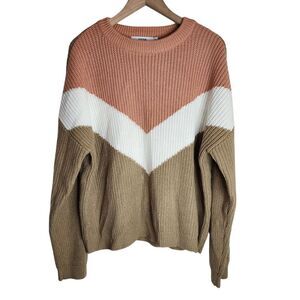 JustFab Sweater Women's Large Crew Neck Long Sleeve Color Block Pink Tan‎ White